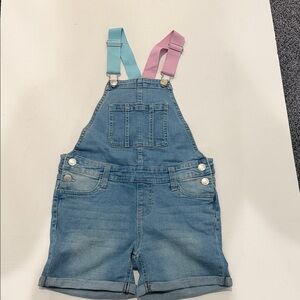 Vigoss Light Blue Denim Short Overalls with Pink & Blue Straps